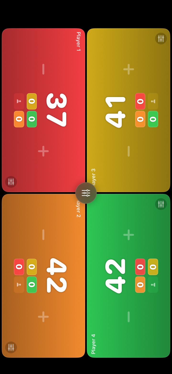 Four-player life tracker on the game board